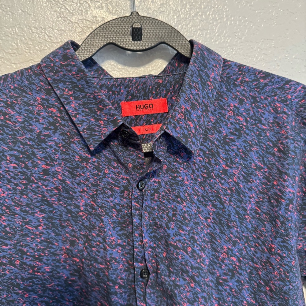 HUGO Men's Blue, Black and Pink Patterned Shirt